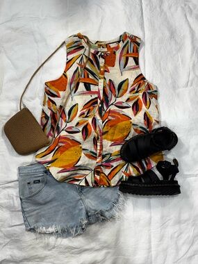C&C California Sleeveless Linen Tropical Print Top size M